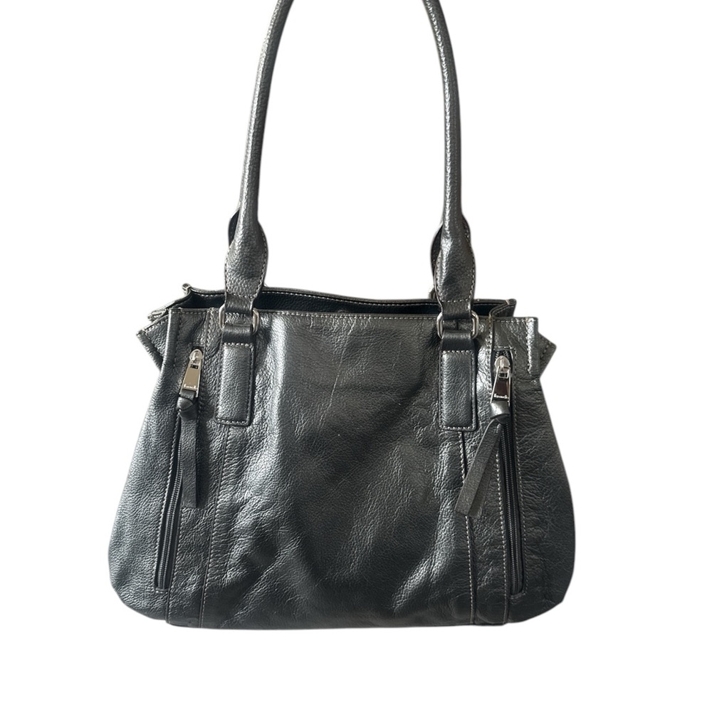 Tignanello Gray Metallic Leather Tote Bag